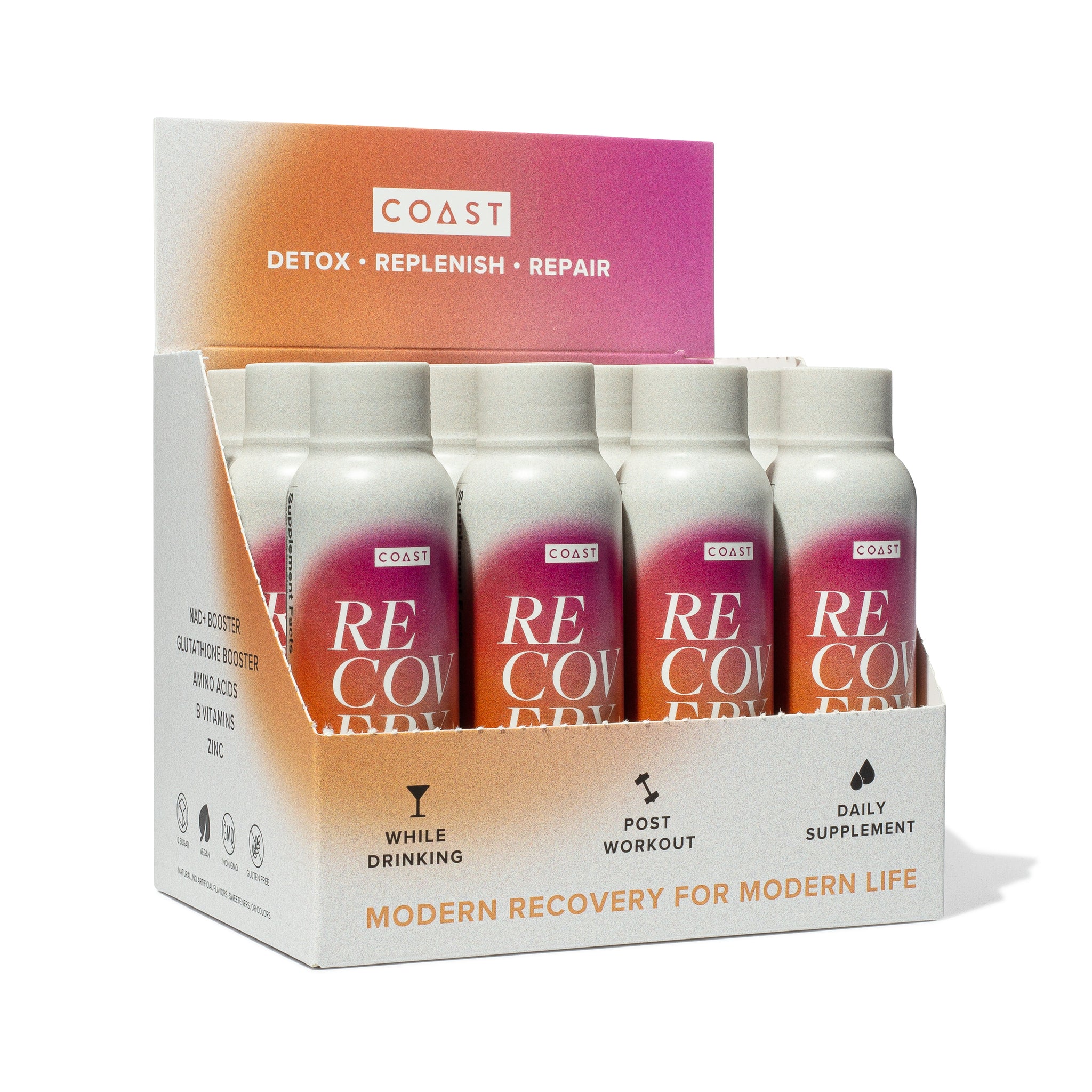 Box of 12 COAST Recovery+. Take COAST Recovery+ drink while drinking, post workout, or as a daily supplement as a natural recovery, detox and hangover cure.