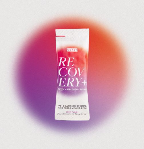 Fruit punch powder stick of COAST Recovery+. COAST Recovery is a daily recovery drink with NAD+, glutathione, antioxidants, electrolytes, B-vitamins, and more. Supports two detoxification pathways and optimizes cellular health.