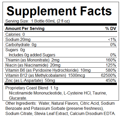 Supplement Facts for Coast Drink shot. NAD+, NMN, Glutathione, antioxidants. Zero sugar. Zero carbs. Vegan. Non-GMO. No artificial flavors, sweeteners, or colors.